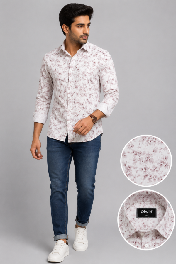 Olwin Men's White Floral Print Premium Cotton Shirt - Image 3