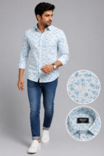Olwin Men's Sky Blue Floral Print Slim Fit Casual Shirt