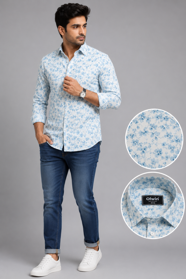 Olwin Men's Sky Blue Floral Print Slim Fit Casual Shirt - Image 4