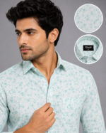 Olwin Men's Mint Floral Print Slim Fit Formal Shirt