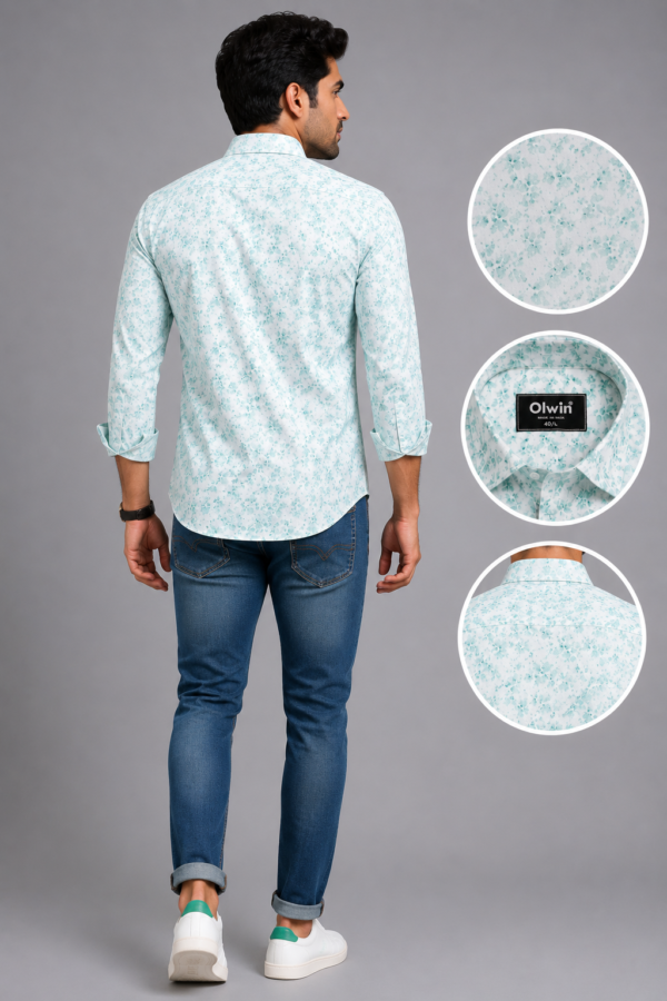 Olwin Men's Mint Floral Print Slim Fit Formal Shirt - Image 2