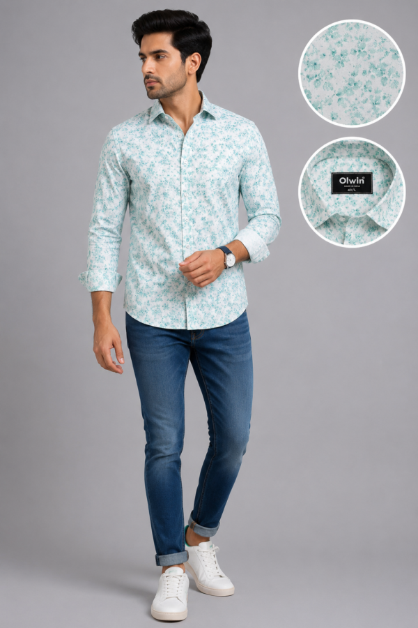 Olwin Men's Mint Floral Print Slim Fit Formal Shirt - Image 3