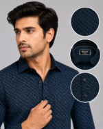 Olwin Men's Navy Geometric Print Premium Cotton Shirt