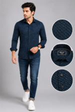Olwin Men's Navy Geometric Print Premium Cotton Shirt - Image 2