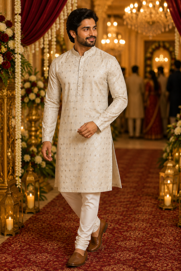 Ivory Regal Embroidered Kurta Set for Men - Image 3