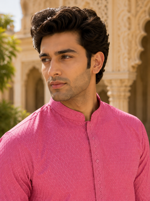 Vibrant Fuchsia Textured Cotton Kurta for Men - Image 4