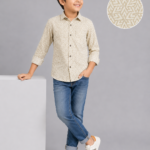 Boys' Stylish Beige Geometric Print Long Sleeve Button-Down Shirt