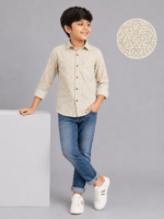Boys' Stylish Beige Geometric Print Long Sleeve Button-Down Shirt
