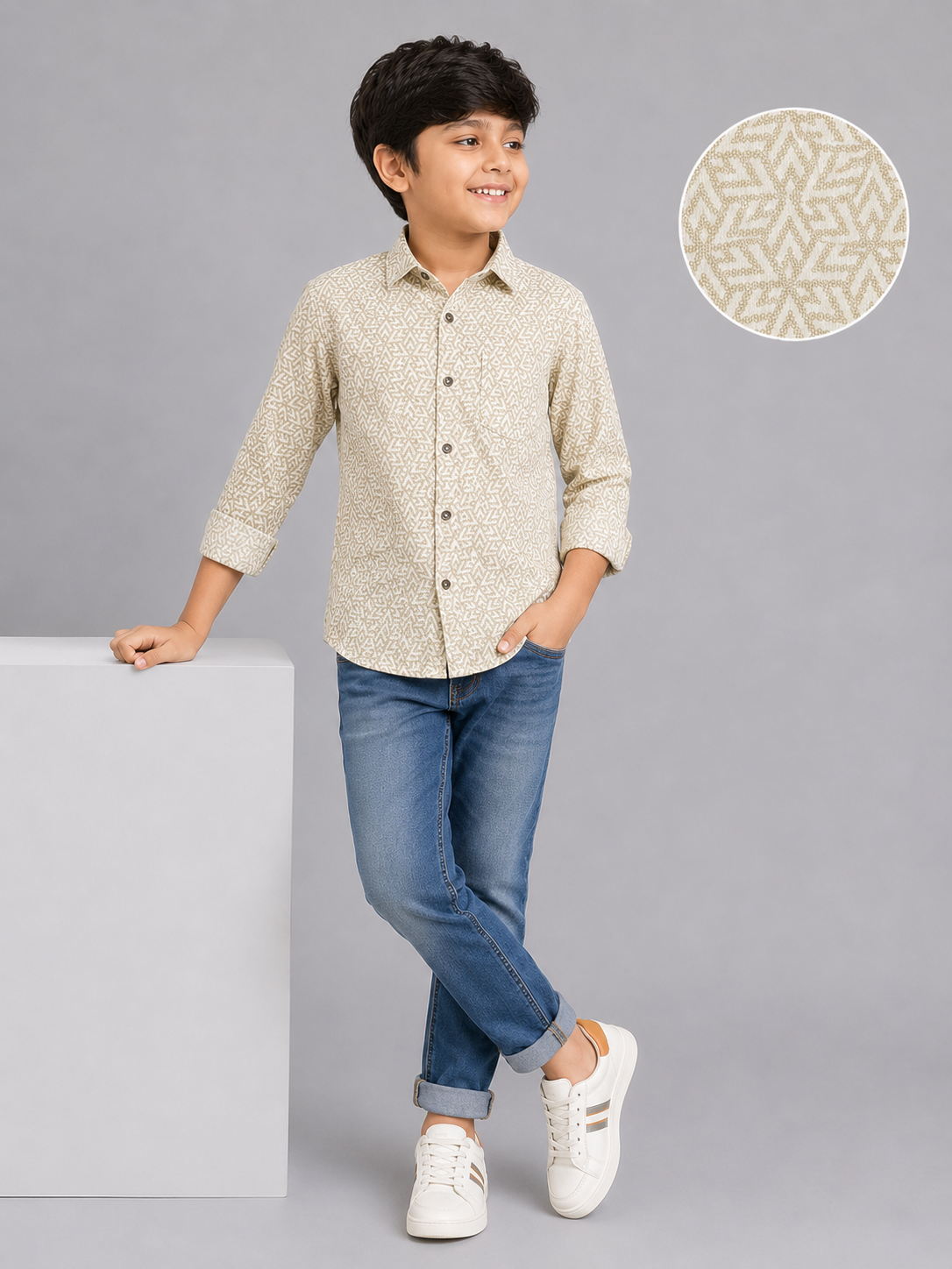 13f2a712-2e24-48a8-99c5-934c044270ff Boys' Stylish Beige Geometric Print Long Sleeve Button-Down Shirt - Image 1