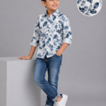 Boys' Blue Watercolor Leaf Print Casual Cotton Shirt