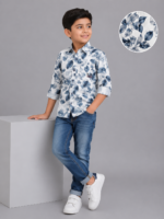 Boys' Blue Watercolor Leaf Print Casual Cotton Shirt
