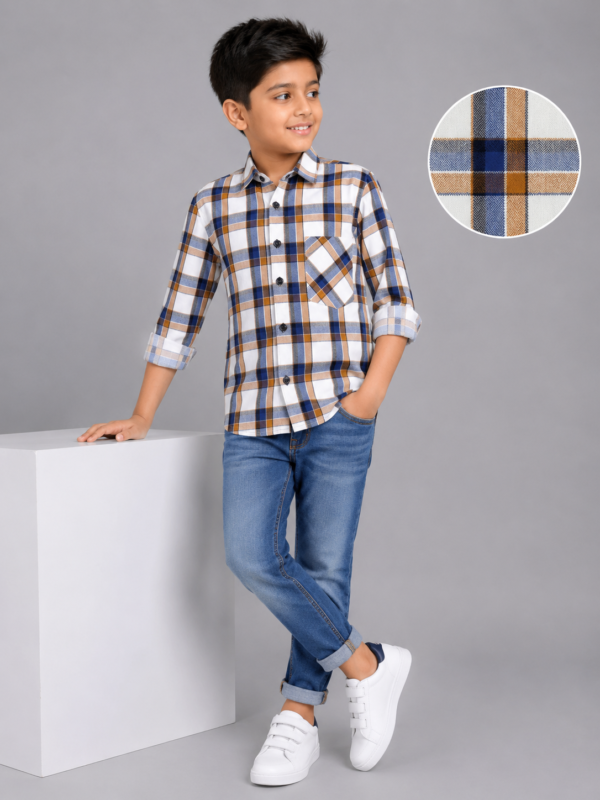 Boys' Stylish Blue & Brown Plaid Full Sleeve Casual Shirt - Image 2