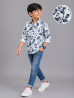 Boys' Blue Watercolor Leaf Print Casual Cotton Shirt - Image 4