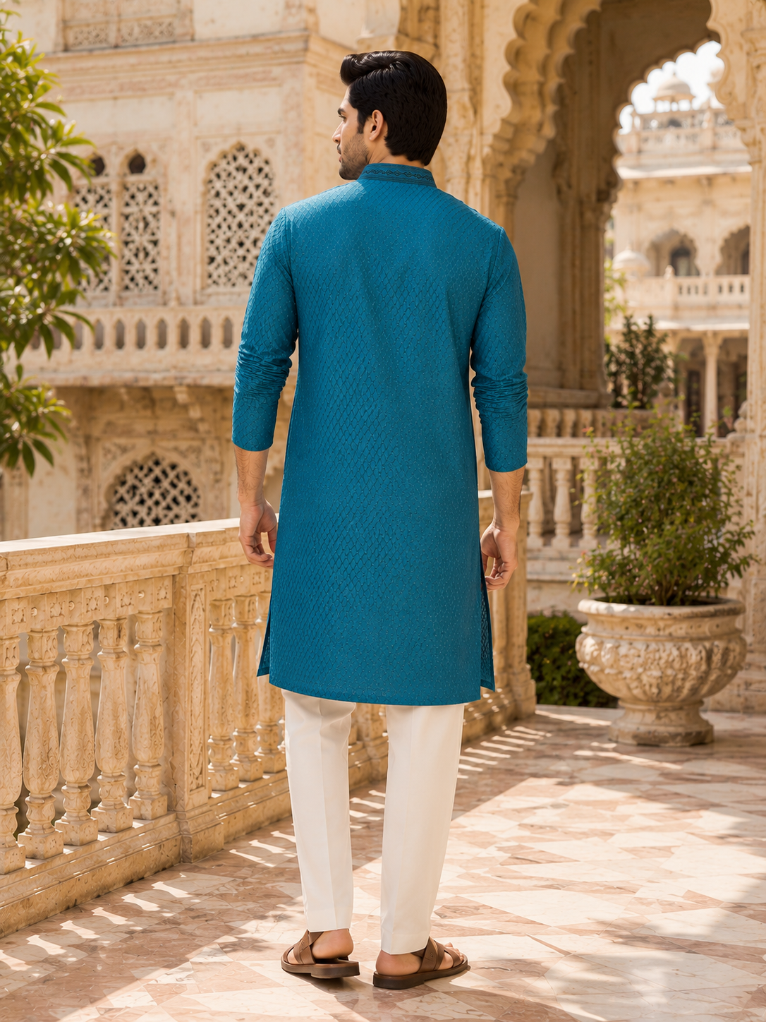 16c3b585-a9fe-4996-bfe4-bf2109942f3c Royal Teal Textured Ethnic Kurta for Men - Image 1