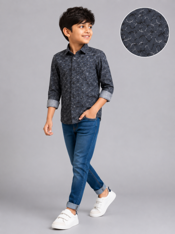 Boys' Dynamic Charcoal Swirl Print Casual Shirt - Image 3