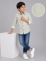 Boys' Geo-Patterned Cotton Casual Shirt - Olive & White - Image 2