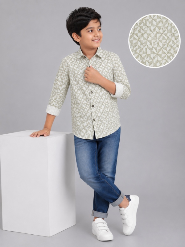 Boys' Geo-Patterned Cotton Casual Shirt - Olive & White - Image 2