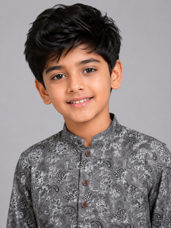Stylish Boy's Grey Paisley Print Band Collar Shirt - Image 2