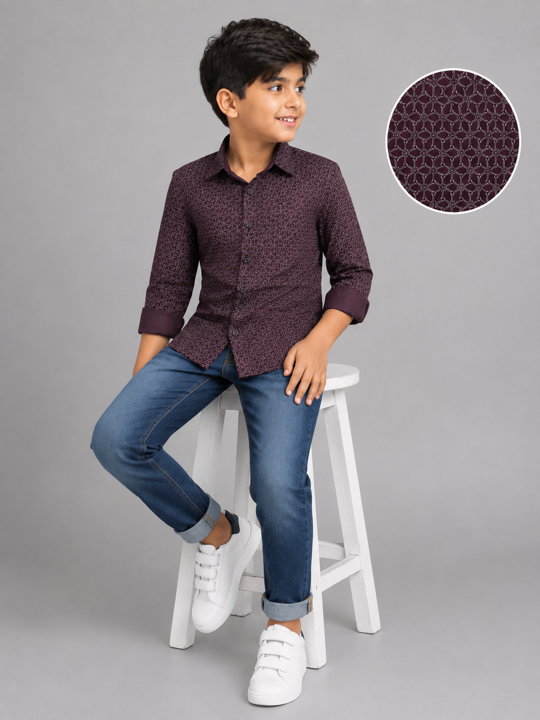 1b02354d-b855-476b-8e68-84dba249a22f Boys' Stylish Maroon Geometric Print Full Sleeve Casual Shirt - Image 1