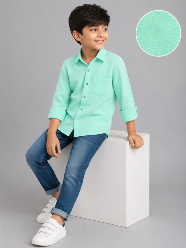 Boys' Fresh Mint Green Dobby Weave Long Sleeve Casual Shirt - Image 2