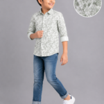 Boys' Sage Green Leaf Print Casual Button-Down Shirt