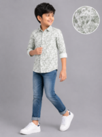 Boys' Sage Green Leaf Print Casual Button-Down Shirt