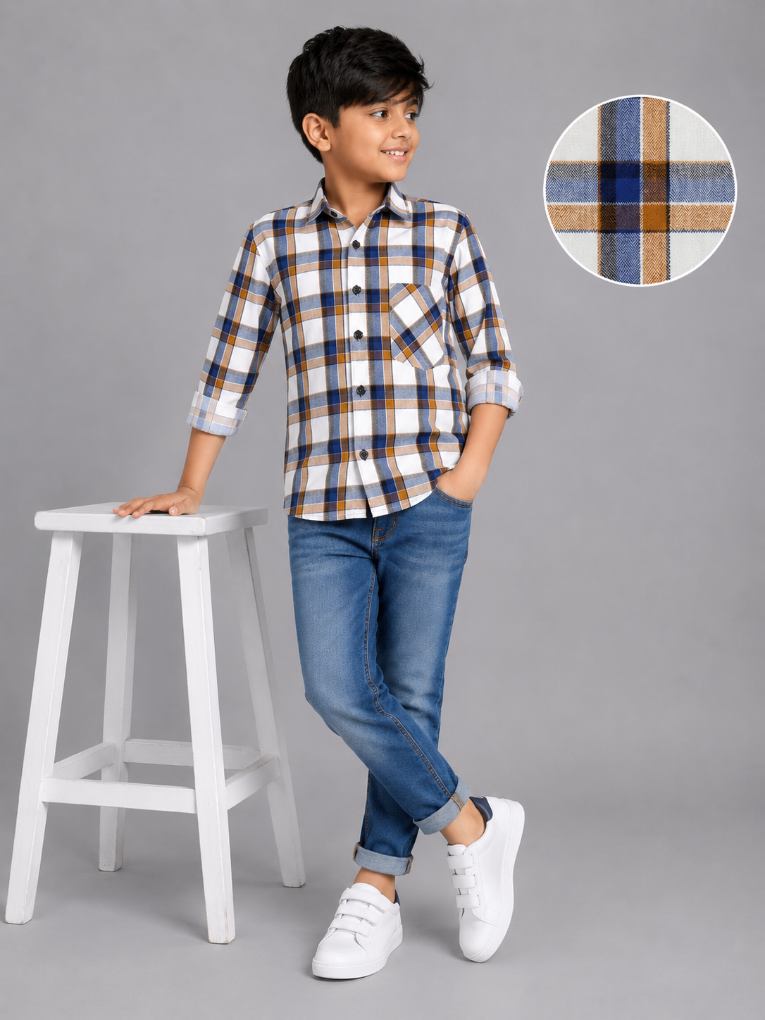 1d823906-d50c-4713-9ccb-d7df401ff5cc-2 Boys' Stylish Blue & Brown Plaid Full Sleeve Casual Shirt - Image 1