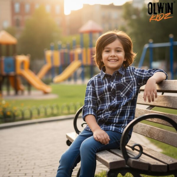 Olwin Kidz Boys' Classic Blue Plaid Long-Sleeve Shirt & Everyday Denim Outfit - Image 2