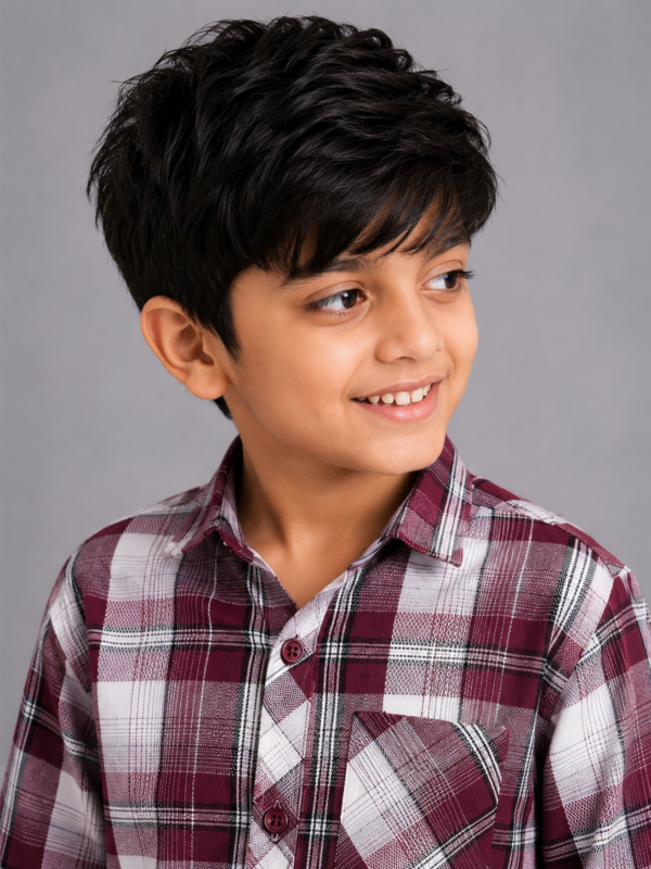 Boy's Burgundy & White Plaid Casual Shirt - Image 3