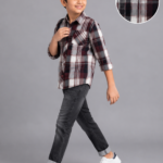 Boys' Stylish Maroon & Grey Plaid Button-Down Shirt