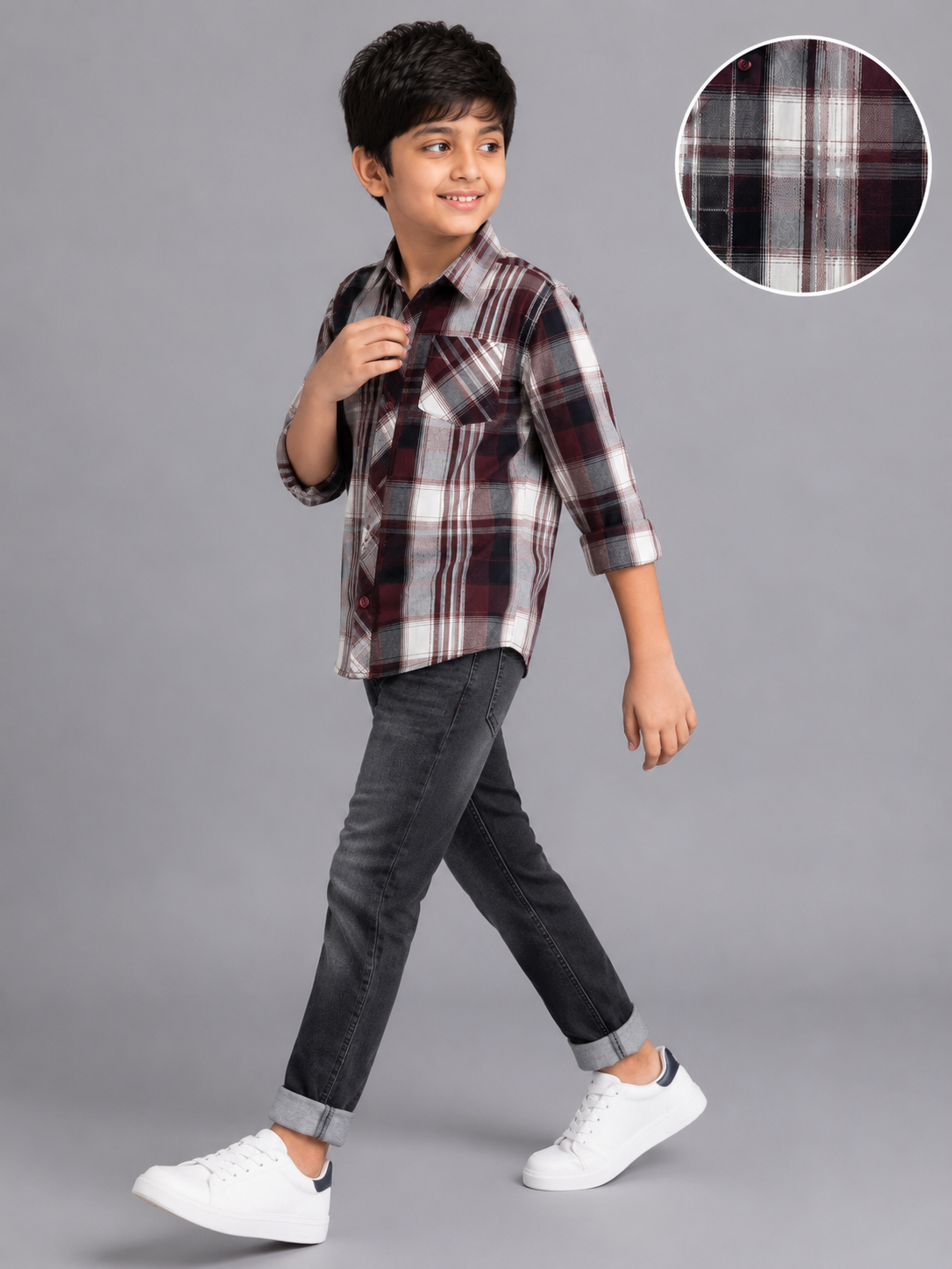 24d4a6f4-39da-4093-8ada-afcc53530950 Boys' Stylish Maroon & Grey Plaid Button-Down Shirt - Image 1