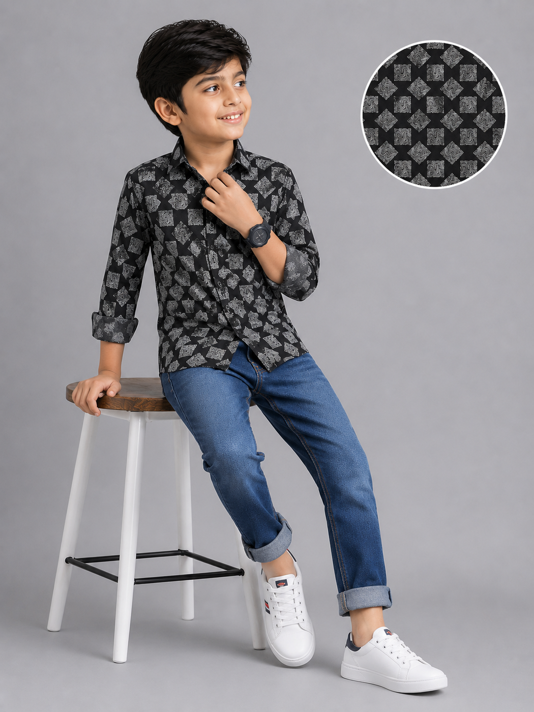 255ba67b-884a-4718-97a2-f2a50f9b5f45 Boys' Stylish Black Geometric Print Casual Shirt - Image 1