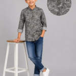 Stylish Boy's Grey Paisley Print Band Collar Shirt