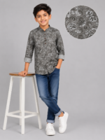 Stylish Boy's Grey Paisley Print Band Collar Shirt