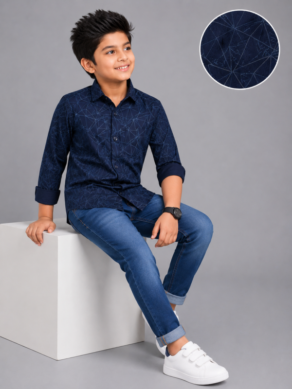 Boys' Navy Blue Geometric Print Casual Shirt - Image 2