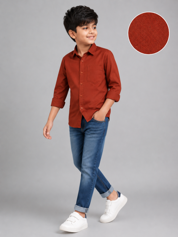 Boys' Earthy Rust Long Sleeve Casual Button-Down Shirt - Image 4