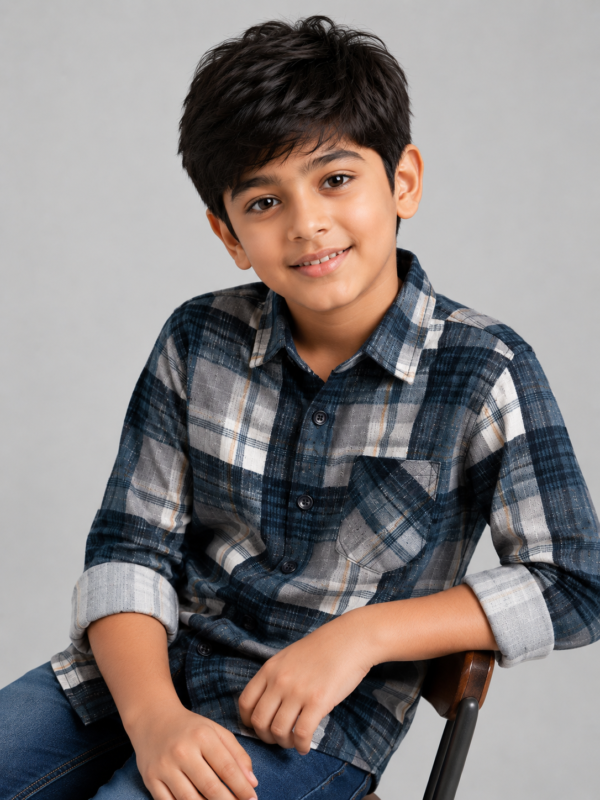 Boy's Timeless Navy & Grey Plaid Button-Down Shirt - Image 3