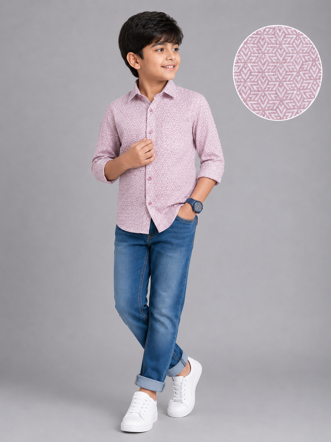 2ab172b7-6d4a-4f6f-bbc4-095f85cc3b4a Boys' Stylish Mauve Geometric Print Full Sleeve Shirt - Image 1