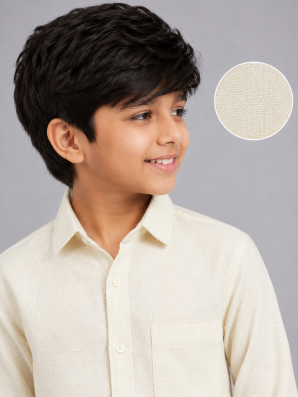 Boys' Cream Textured Weave Casual Long Sleeve Shirt - Image 2