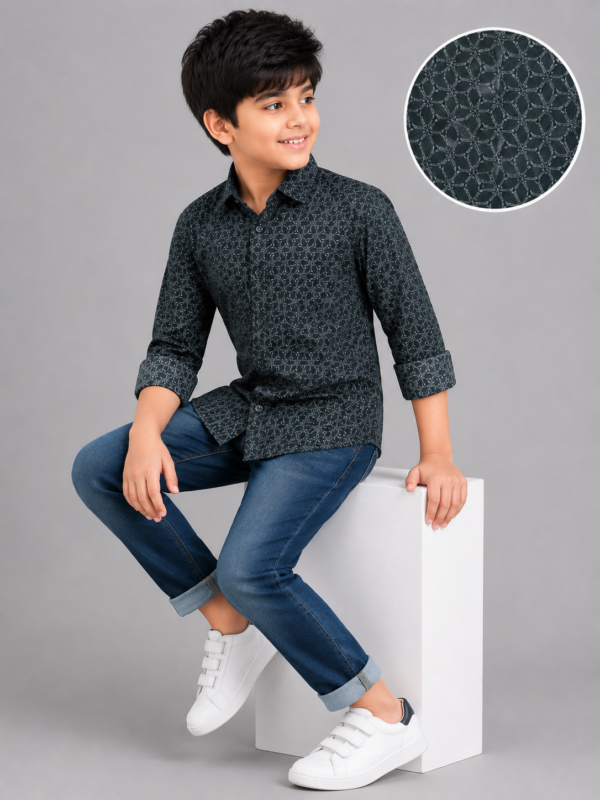 Boys' Stylish Charcoal Geometric Print Casual Shirt - Image 3