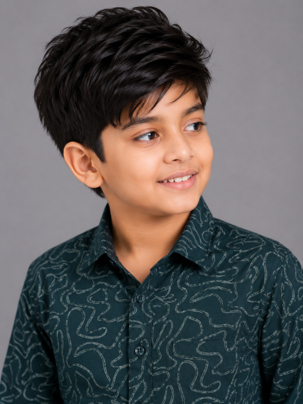 Boys' Deep Green Abstract Wave Print Casual Shirt - Image 2