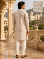 Elegant Beige Embroidered Cotton Kurta for Men - Image 2