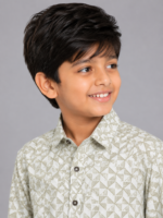 Boys' Geo-Patterned Cotton Casual Shirt - Olive & White - Image 3
