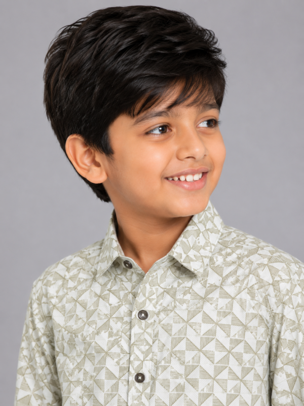 Boys' Geo-Patterned Cotton Casual Shirt - Olive & White - Image 3
