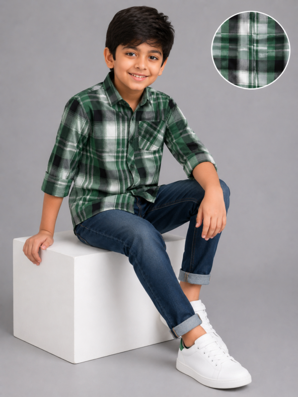 Boys' Stylish Green Plaid Button-Down Casual Shirt - Image 3