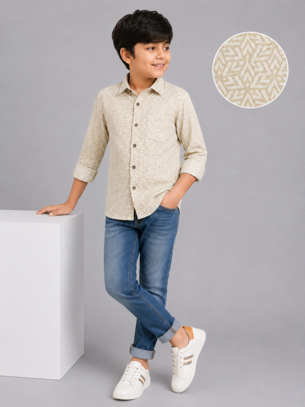 Boys' Stylish Beige Geometric Print Long Sleeve Button-Down Shirt - Image 4