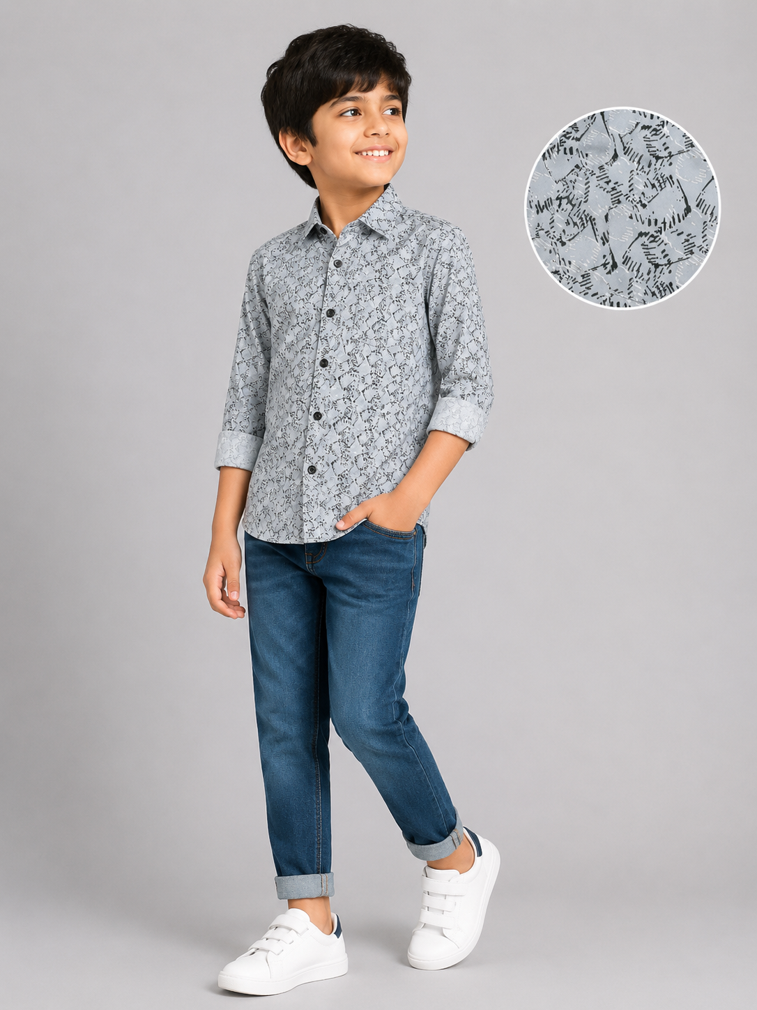357e6ed8-fd4b-45f5-a781-649981b85abb Boys' Trendy Grey Abstract Print Full Sleeve Shirt - Image 1