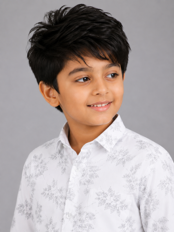 Boy's White & Grey Leaf Print Stylish Casual Shirt - Image 3