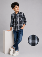 Boy's Stylish Plaid Button-Up Shirt - Black & Grey - Image 2