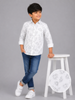 Boy's White & Grey Leaf Print Stylish Casual Shirt - Image 2